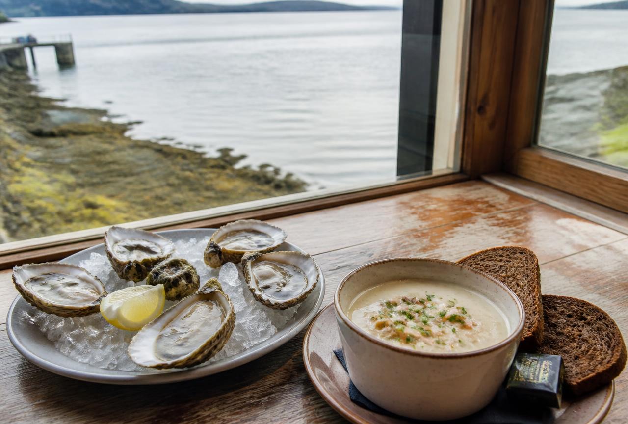 Carlingford Lough oysters and seafood chowder by a window over the water