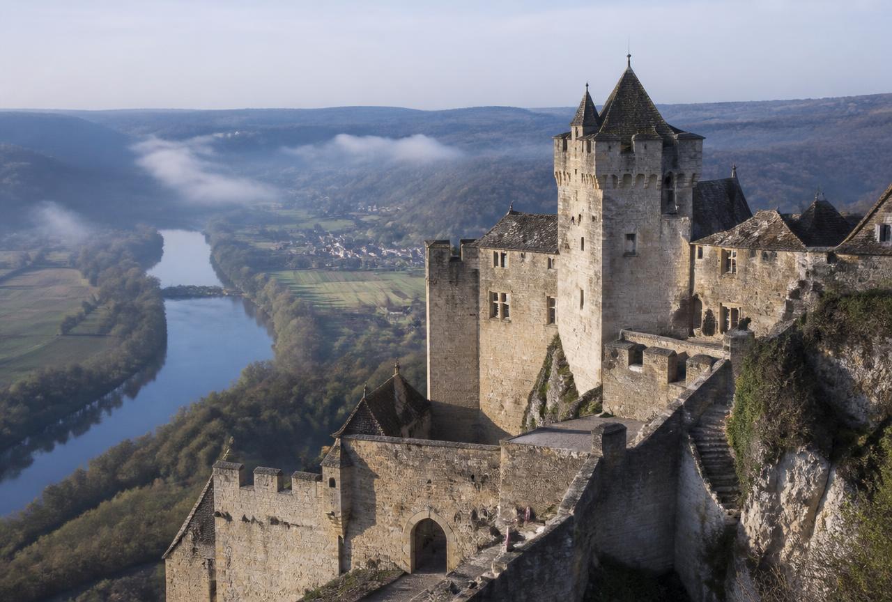 A medieval castle on the cliff above the Dordogne river