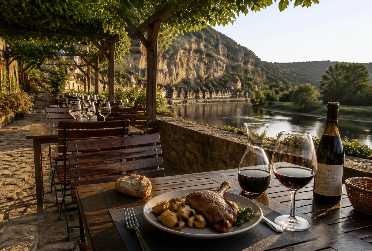 Table on a vine-shaded terrace above the Dordogne with duck confit and a glass of red wine