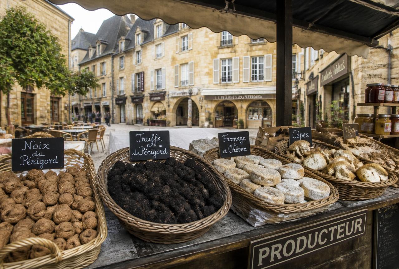 Périgord market stall with walnuts, truffles and goat cheese in Sarlat