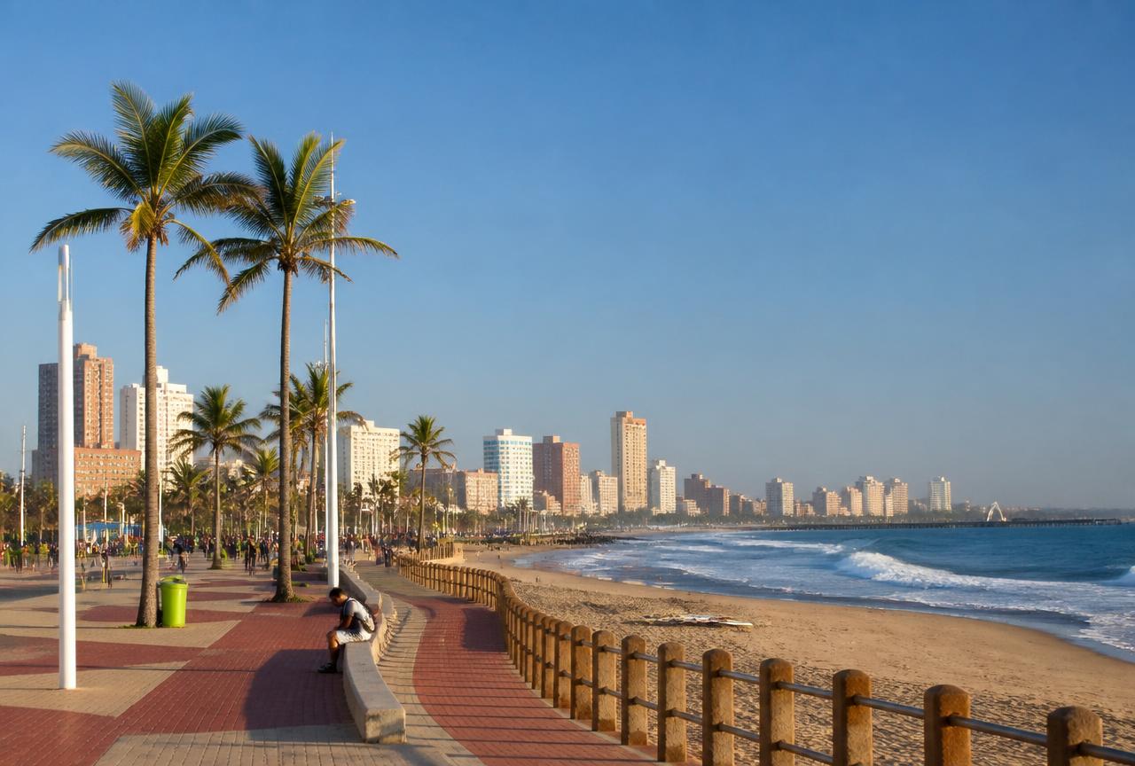 Palms and surf on the Durban beachfront promenade