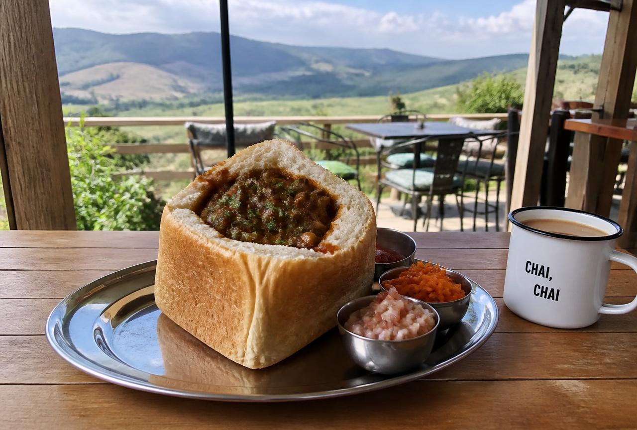 Bunny chow with sambals on a café terrace above green hills in KwaZulu-Natal