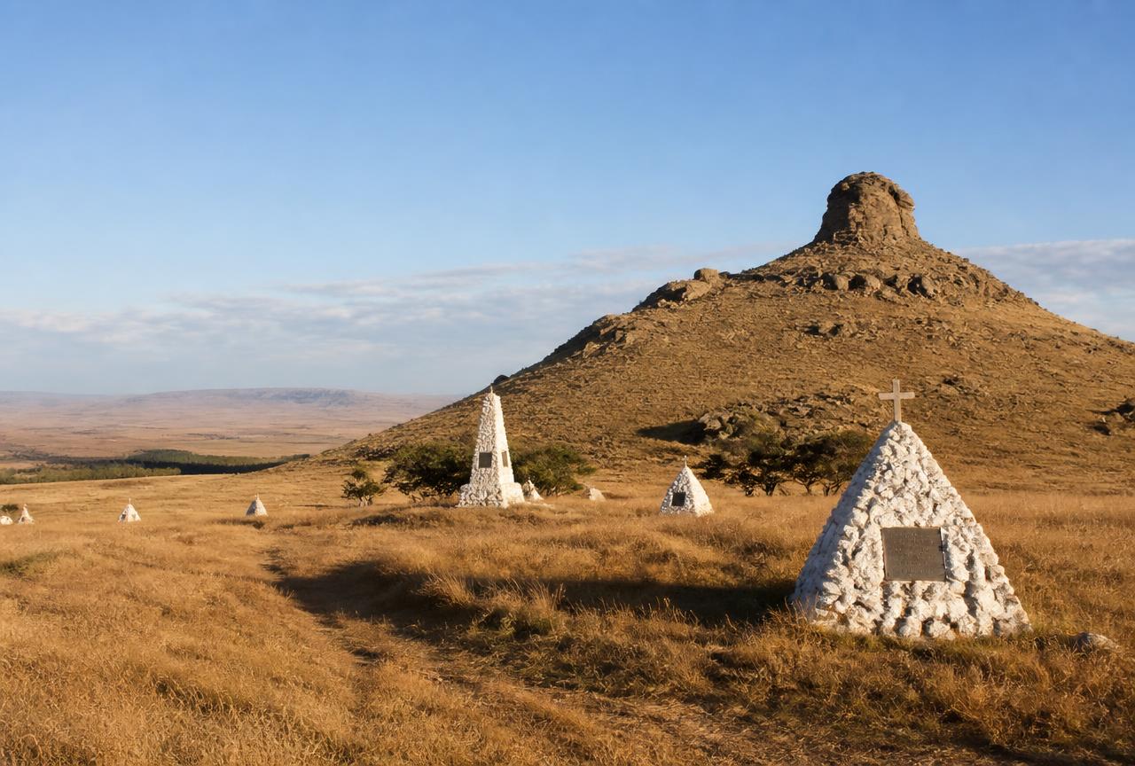 Memorial cairns below the rock of Isandlwana battlefield