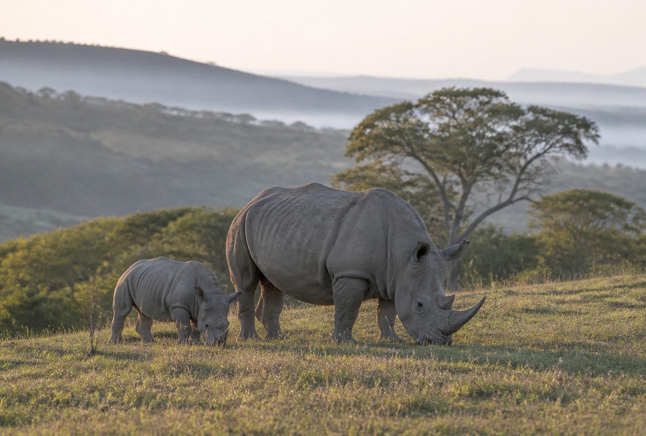 White rhino and calf grazing in Hluhluwe-iMfolozi Park