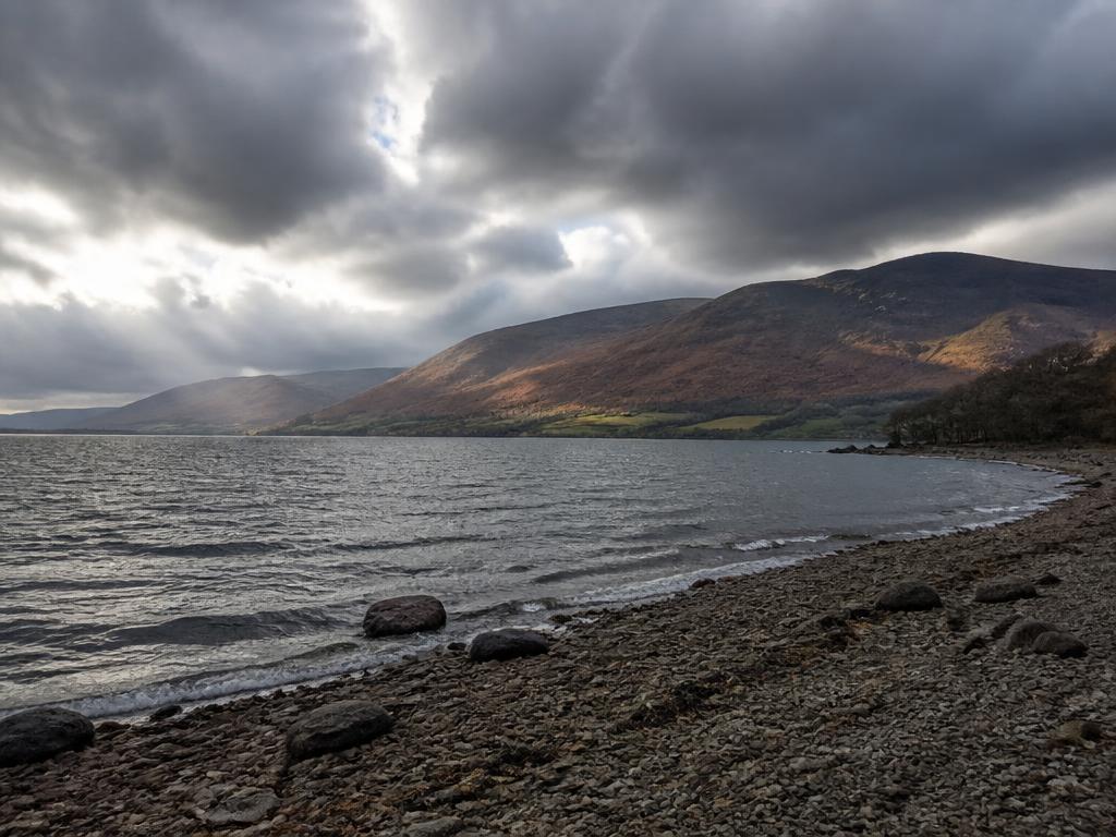 Autumn light and big skies over an empty shore on Carlingford Lough