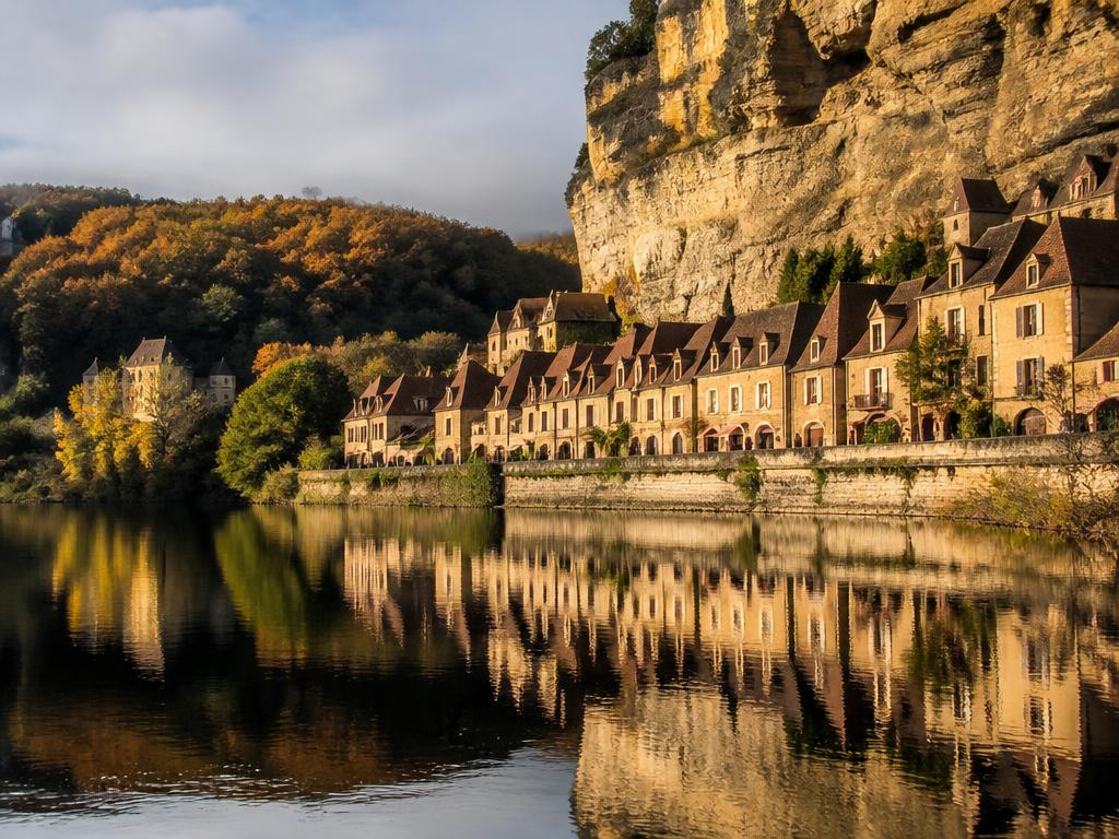 La Roque-Gageac in autumn, golden trees reflected in the Dordogne