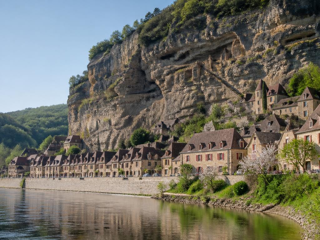La Roque-Gageac in spring, fresh green trees along the Dordogne