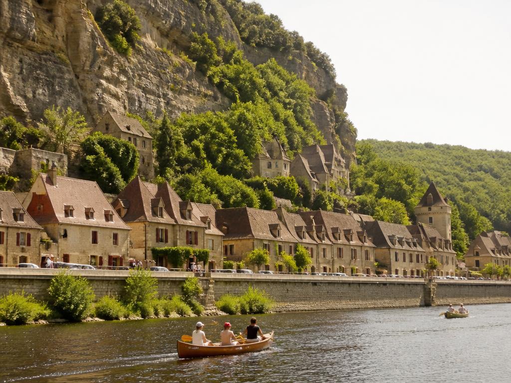 La Roque-Gageac in summer, canoes on the Dordogne beneath the cliff